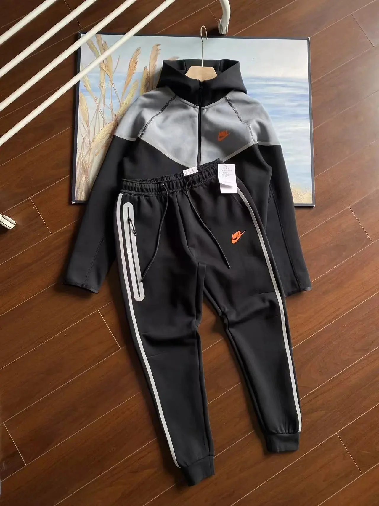 Nike Tech Fleece Hoodie and Joggers Set Black/Gray Orange Swoosh Tracksuit