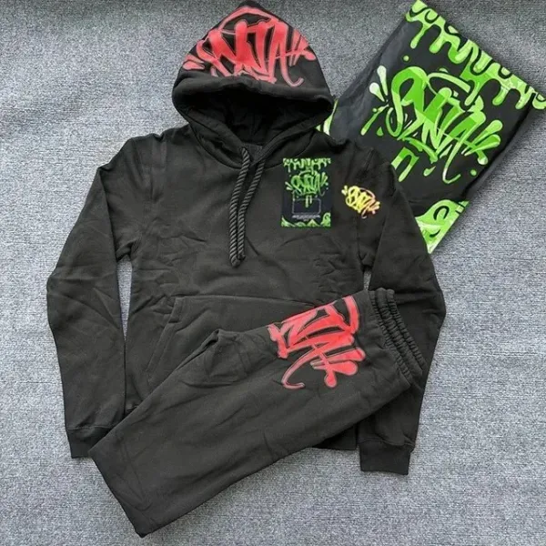 Off-White x Unknown Graffiti Hoodie and Sweatpants Set Black with Red and Green Print - 1