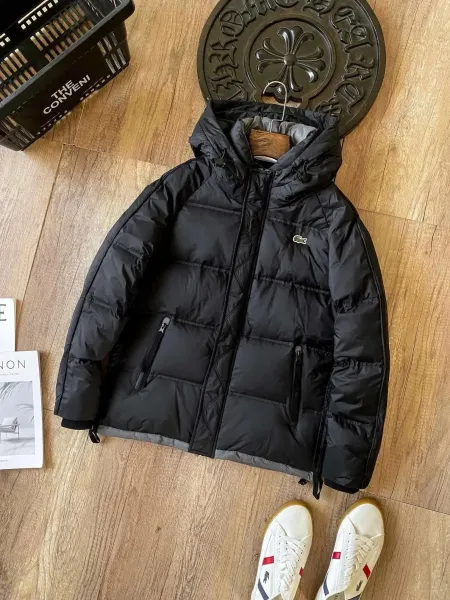 Lacoste Down Jacket Black with Hood and Side Zippers - 1
