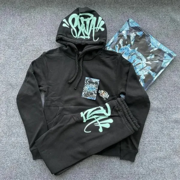 Design Graffiti Hoodie and Sweatpants Set Black with Mint Green Print - 1
