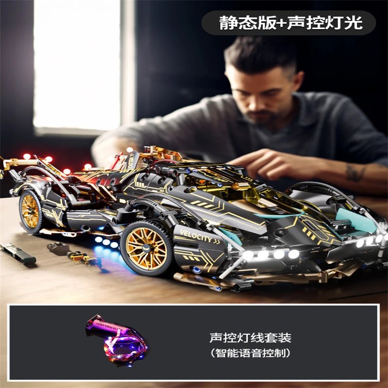 Unbranded Uncategorized 1:14 Cyberpunk Sports Car Building Block Set — Black Gold V12 – Remote-Controlled Lighting, 1,000 Beads [Container Box]