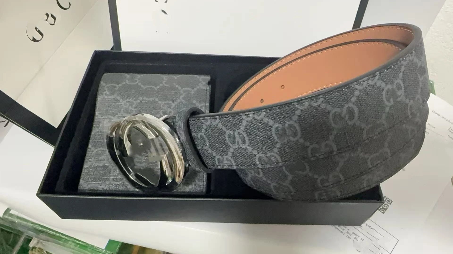 Ferragamo Belts Gancini Buckle Belt and Wallet Gift Set — Black cloth silver buckle set