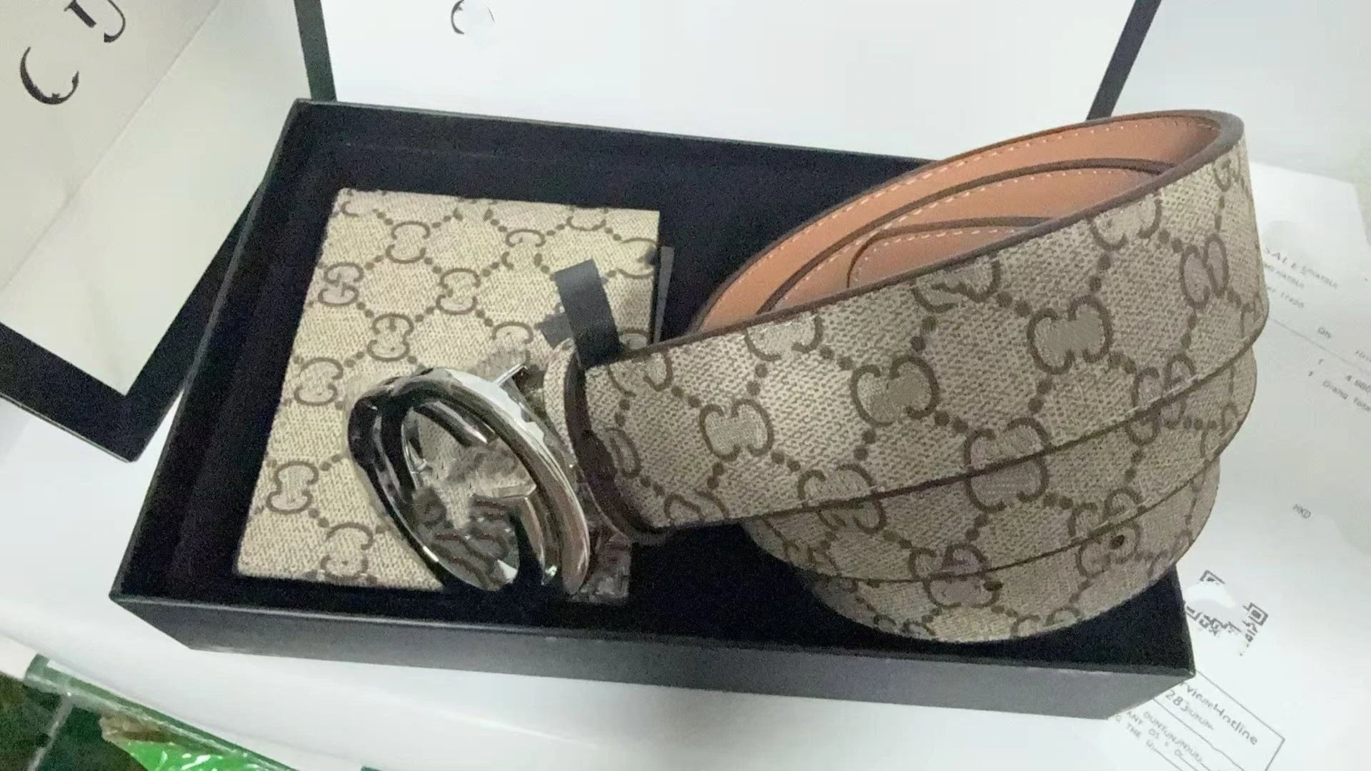 Ferragamo Belts Gancini Buckle Belt and Wallet Gift Set — Apricot cloth silver buckle set