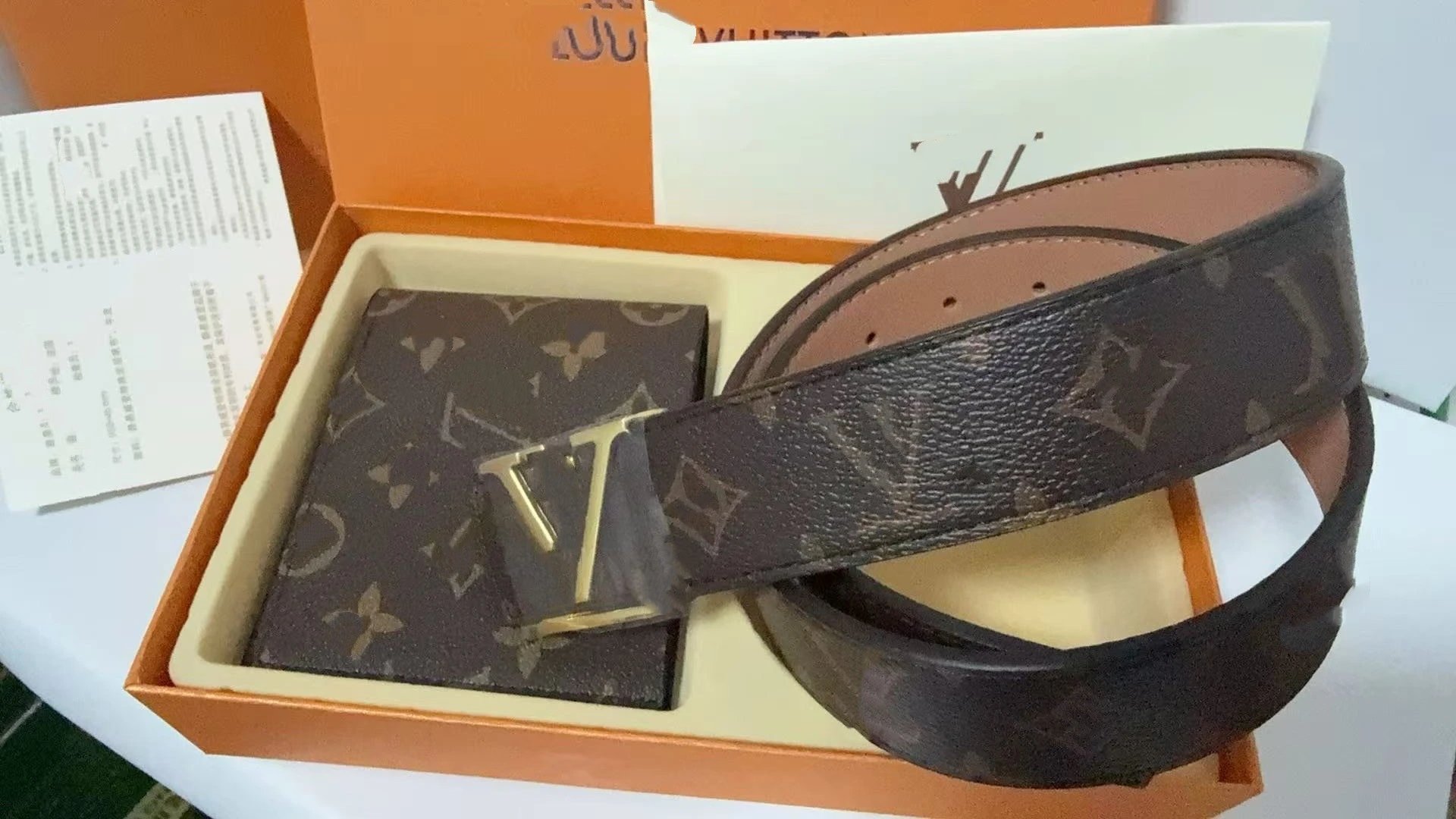 Ferragamo Belts Gancini Buckle Belt and Wallet Gift Set — Coffee-flower gold-buckle set