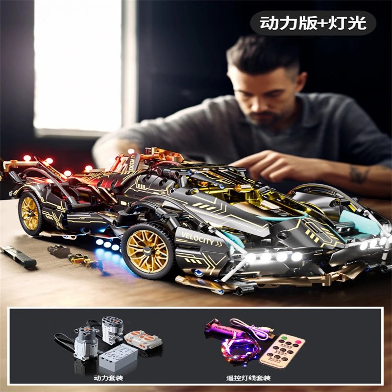 Unbranded Uncategorized 1:14 Cyberpunk Sports Car Building Block Set — Black Gold V12 – Lighting & Power Set, 1,000 Pieces [Container Box]