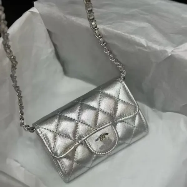 Chanel Mini Flap Bag Silver Metallic Quilted Chain Crossbody Bag - 1