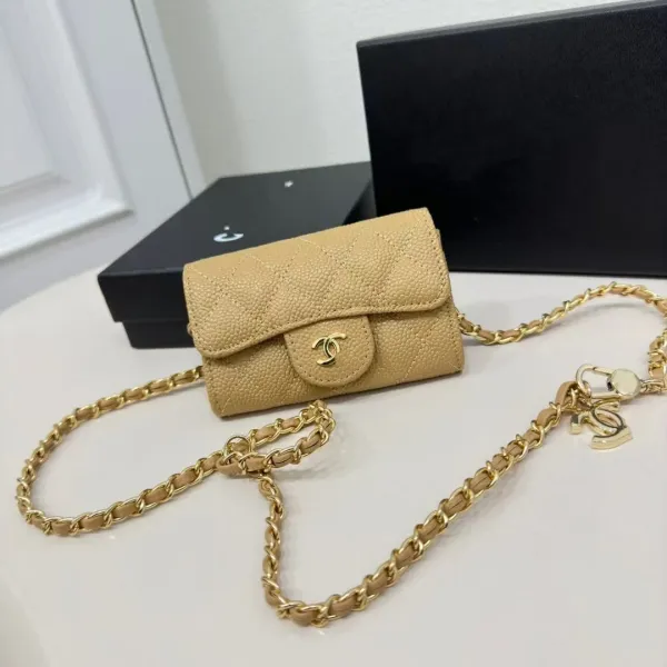 Chanel Mini Flap Bag Beige Caviar Leather with Gold Chain Strap Crossbody Bags - 1