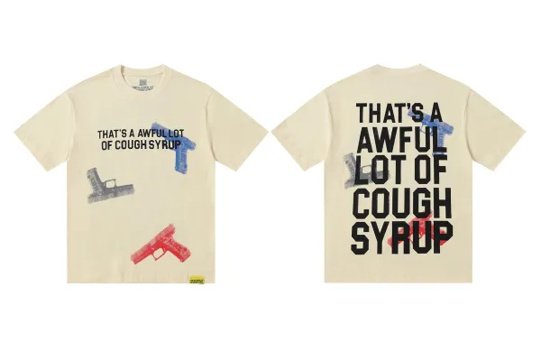 Design That's A Awful Lot Of Cough Syrup Graphic Print Beige T-Shirt T-Shirts - 1