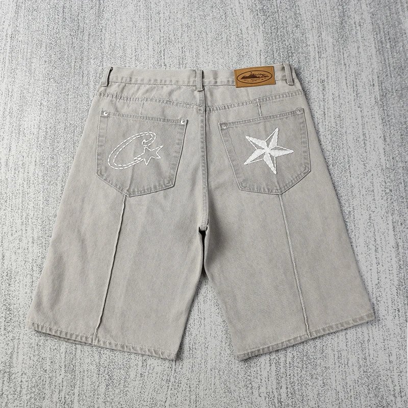 American-Style Star-Embroidered Washed Denim Wide-Leg Shorts - rep szorty