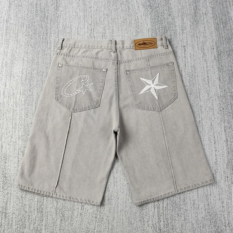 American-Style Star-Embroidered Washed Denim Wide-Leg Shorts