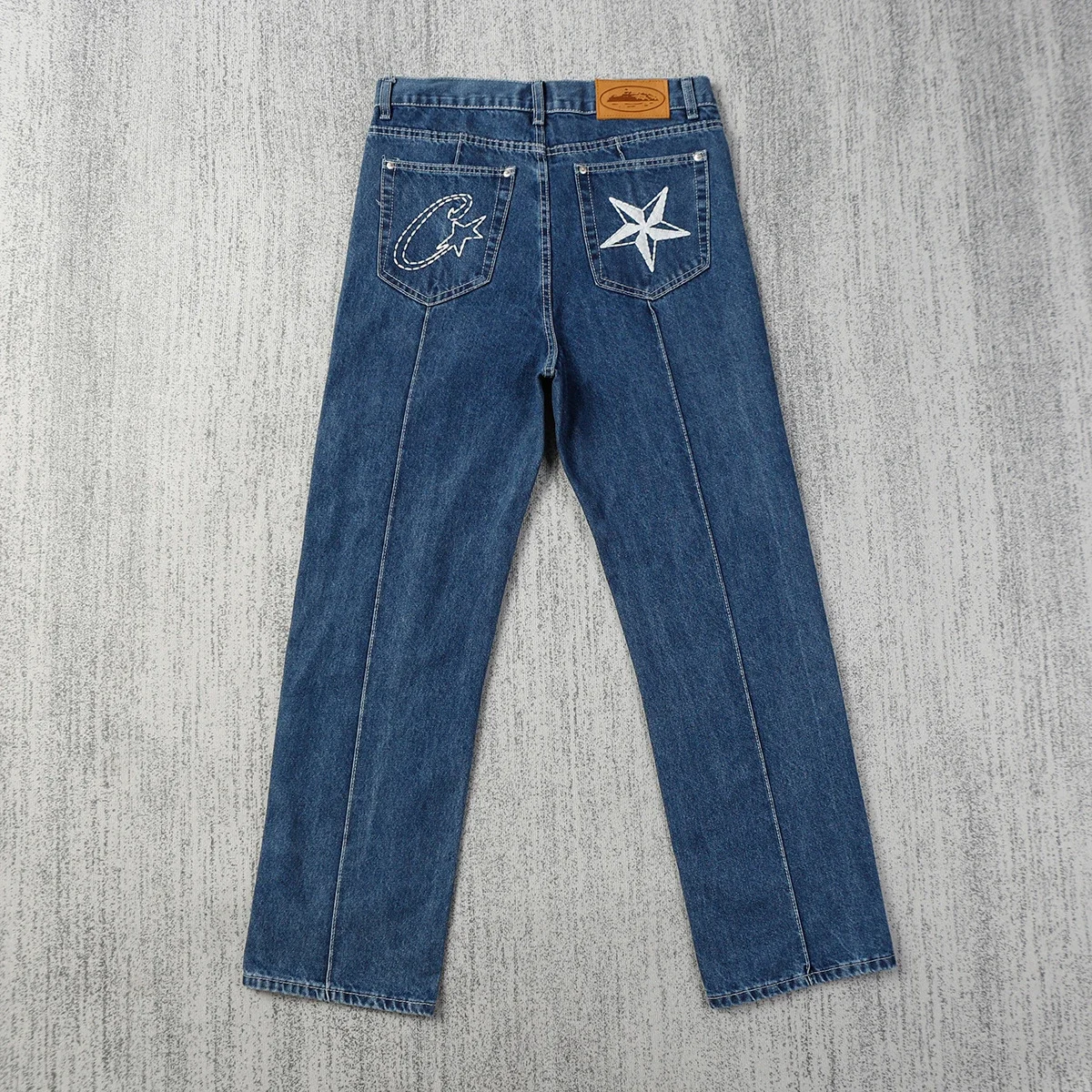 American-Style Embroidered Five-Pointed Star Washed Blue Straight-Leg Jeans - rep spodnie