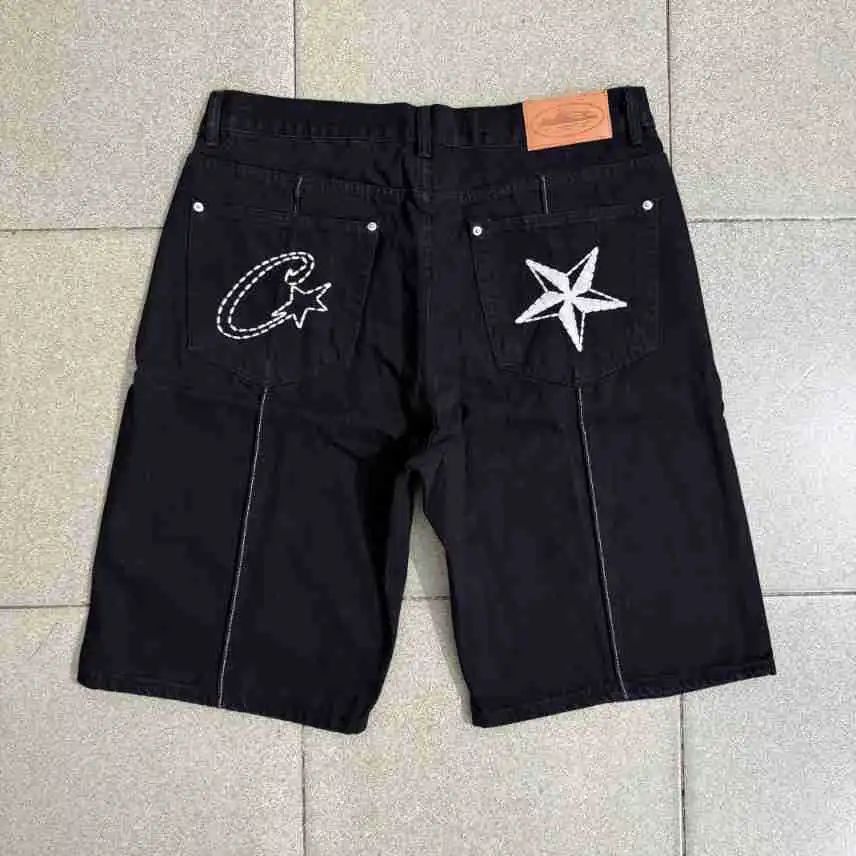 American-Style Star-Embroidered Washed Denim Wide-Leg Shorts - rep szorty