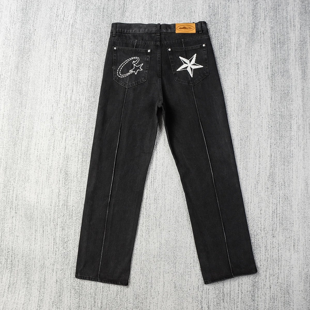 American-Style Embroidered Five-Pointed Star Washed Blue Straight-Leg Jeans - rep spodnie