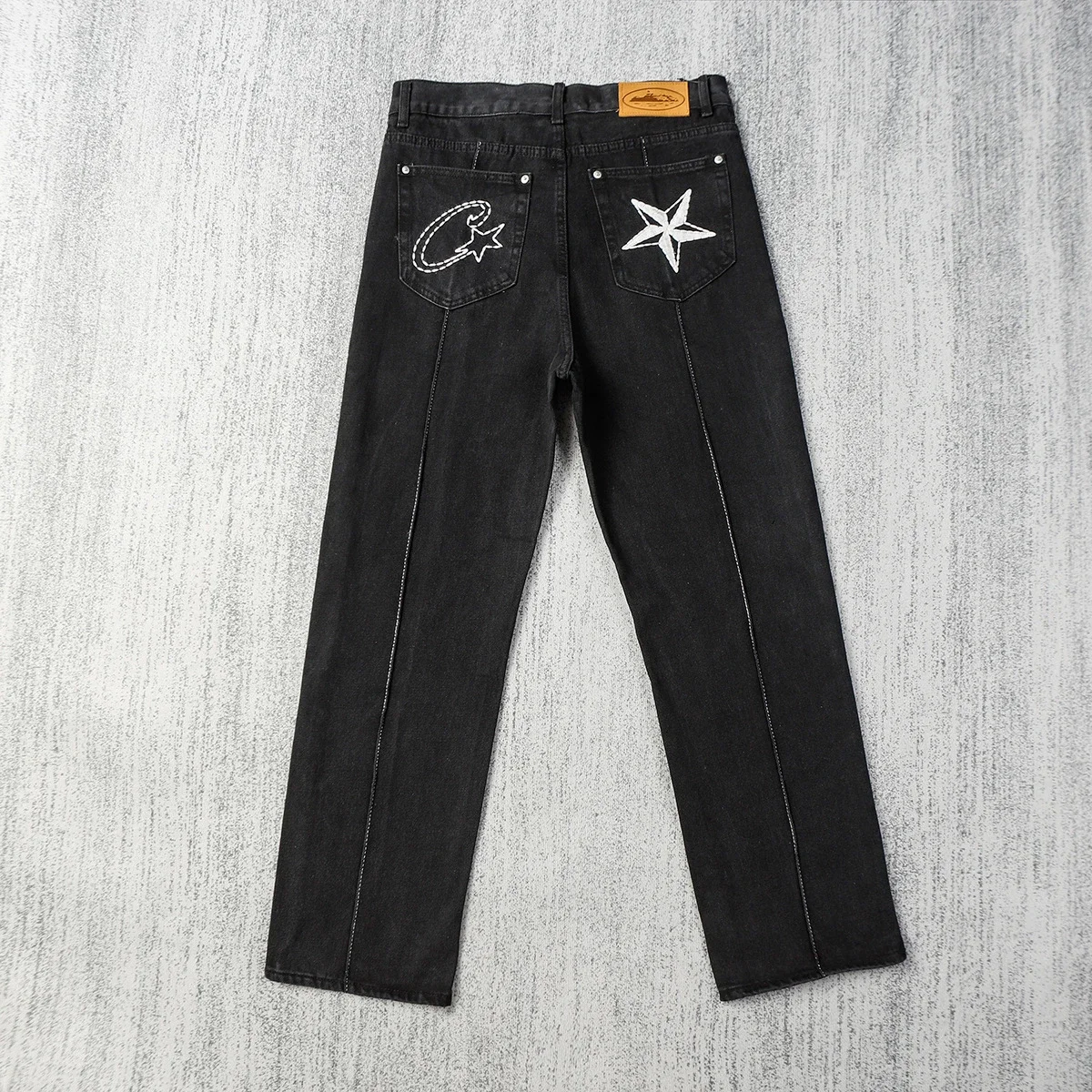 American-Style Embroidered Five-Pointed Star Washed Blue Straight-Leg Jeans