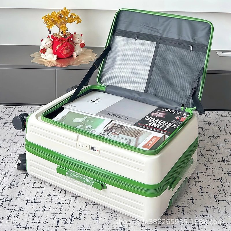 Unbranded Travel Bags Side-Opening Hard-Shell Spinner Suitcase — White with green