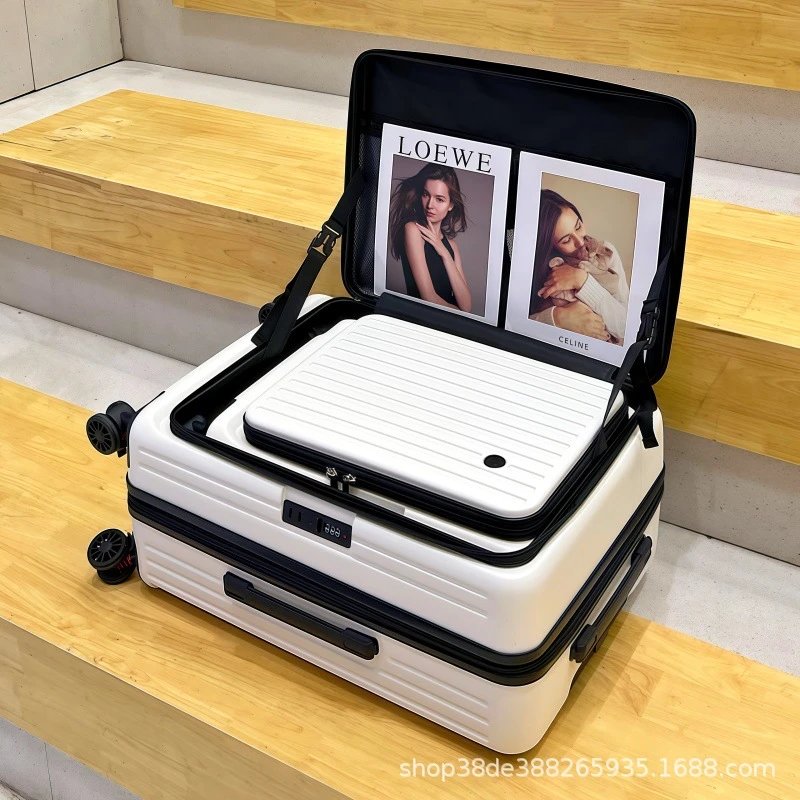 Unbranded Travel Bags Side-Opening Hard-Shell Spinner Suitcase — White with black