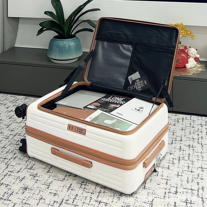 Unbranded Travel Bags Side-Opening Hard-Shell Spinner Suitcase — White with brown