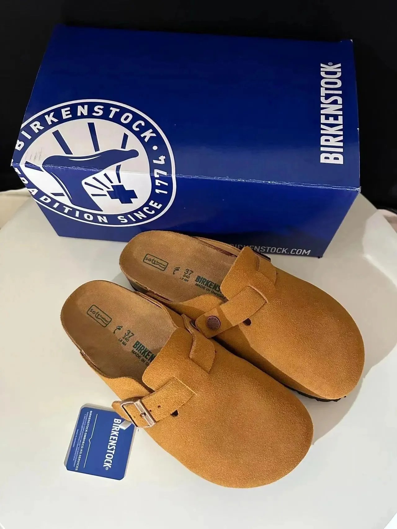 Birkenstock Boston Beige Suede Clogs - 16
