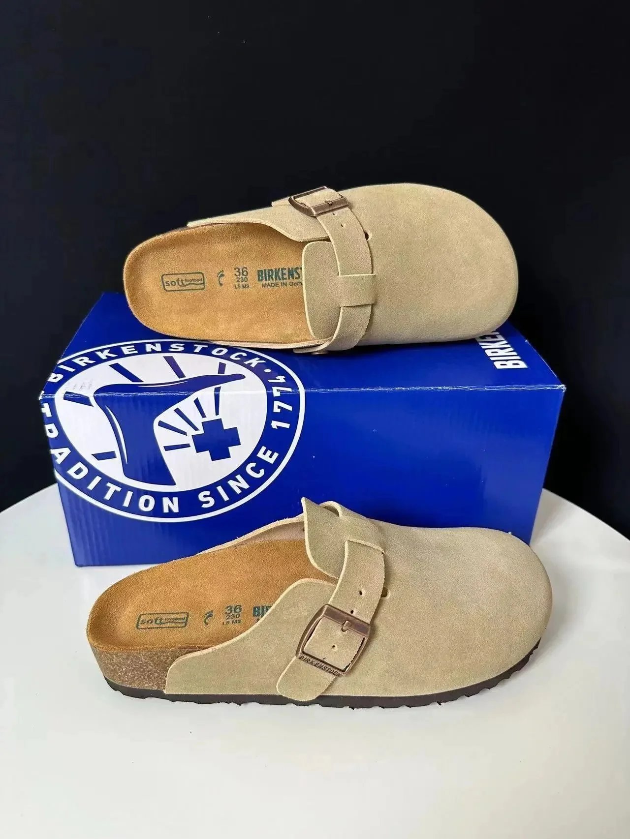 Birkenstock Boston Beige Suede Clogs - 14