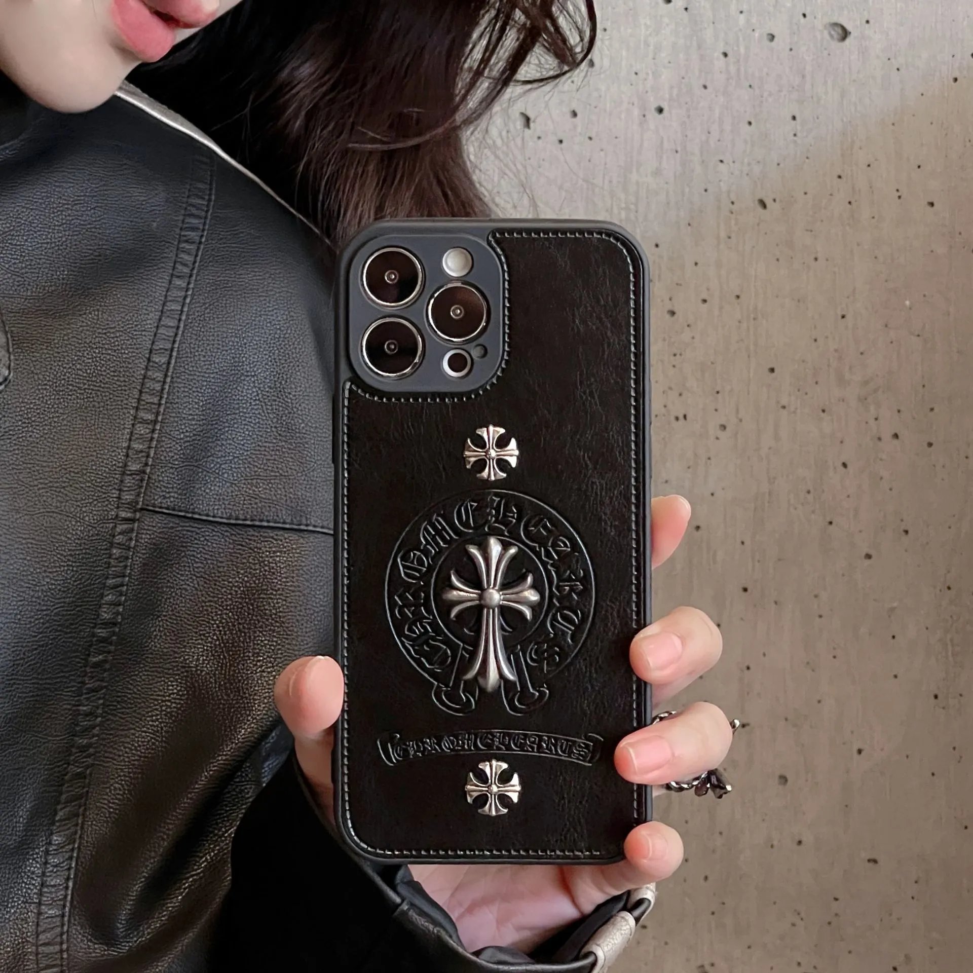 Chrome Hearts Black Leather Phone Case with Cross Motif - 20