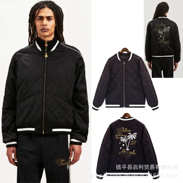 Design Quilted Bomber Jacket with Palm Tree Embroidery Black - 4