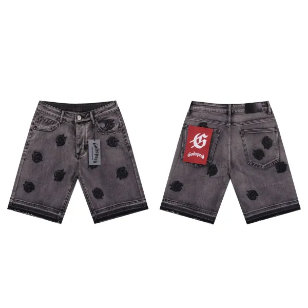 Godspeed Rose-Embellished Distressed Gray Denim Shorts - 1