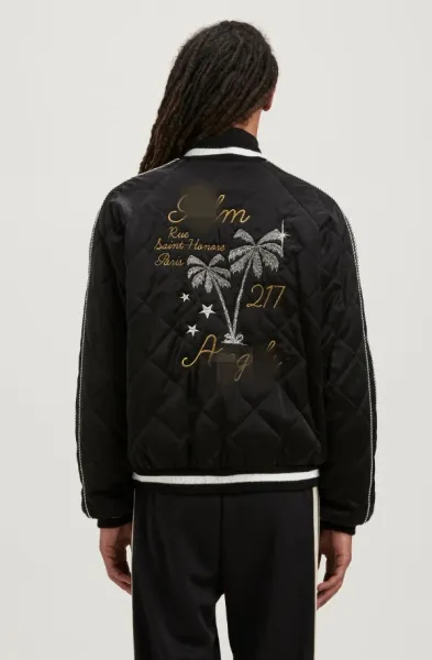 Design Quilted Bomber Jacket with Palm Tree Embroidery Black - 6