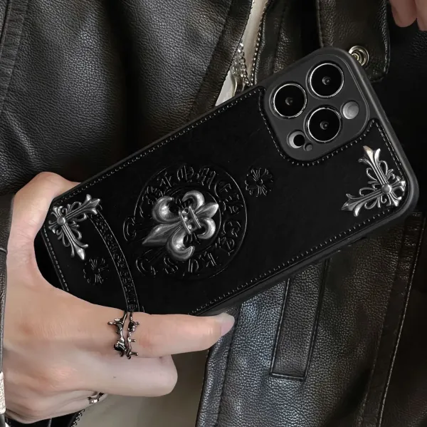 Chrome Hearts Black Leather Phone Case with Cross Motif - 21