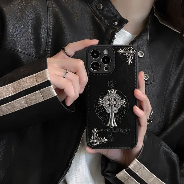 Chrome Hearts Black Leather Phone Case with Cross Motif - 15
