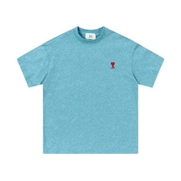 Ami Paris Heart Logo Speckled Teal T-Shirt - 1