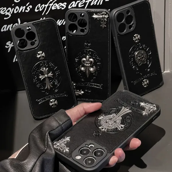 Chrome Hearts Black Leather Phone Case with Cross Motif - 19