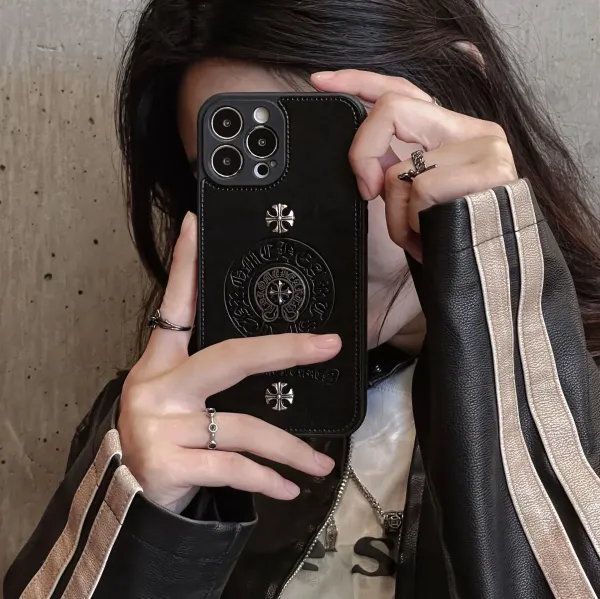 Chrome Hearts Black Leather Phone Case with Cross Motif - 18