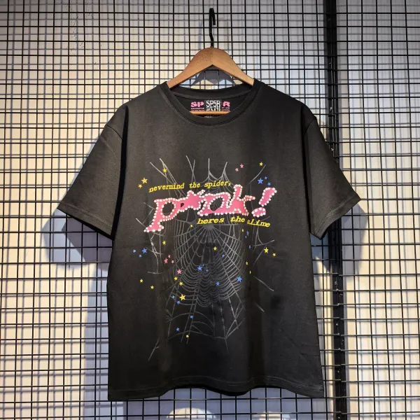 SP5DER Spider Web Pink Graphic T-Shirt Black - 1