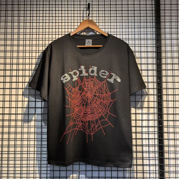 SP5DER Spider Web Rhinestone Embellished Black T-Shirt - 1