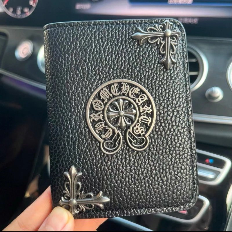 Chrome Hearts Cross Motif Black Pebbled Leather Short Wallet