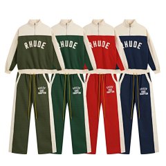 American style niche RHUDE half zipper splicing and velvet trendy brand hoodie set for men, ins street autumn and winter set