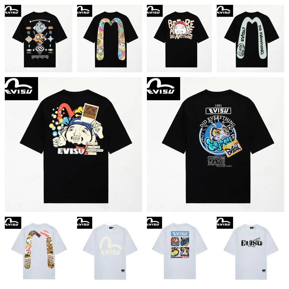 EVISU Classic New Style Seagull Print Short-Sleeve T-Shirt, Casual Loose-Fit Round Neck Pure Cotton Tee