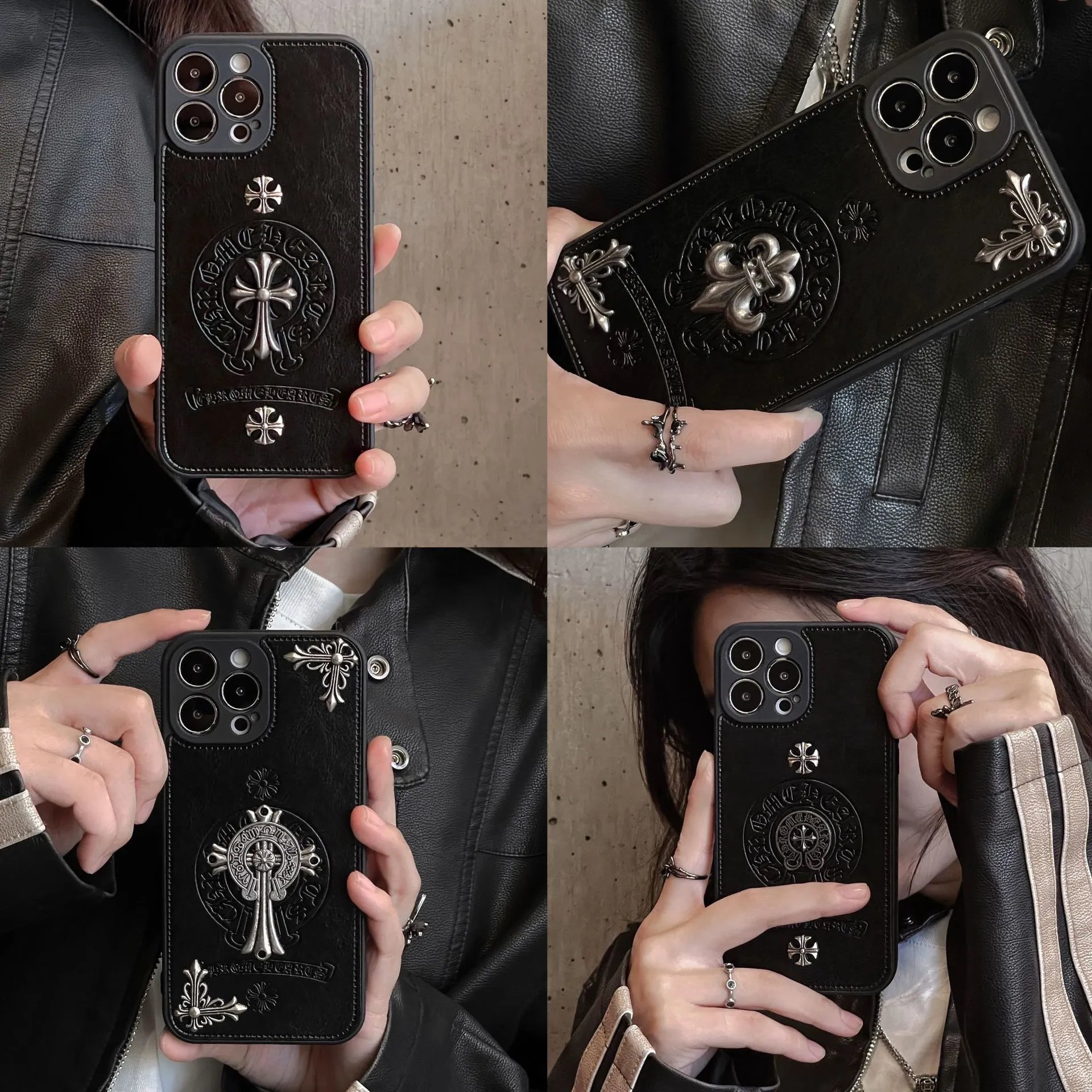 Chrome Hearts Black Leather Phone Case with Cross Motif - 10