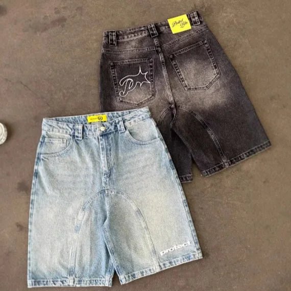 Embroidered trendy loose fitting Harajuku washed denim five quarter shorts long pants summer