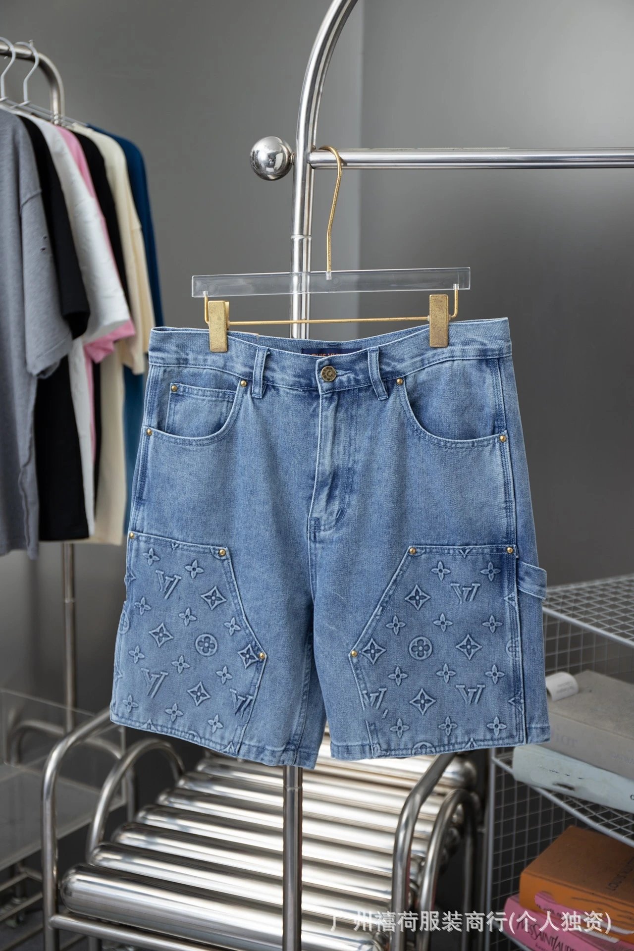 Louis Vuitton Matching Sets Denim set with embossed monogram panels — Light blue shorts