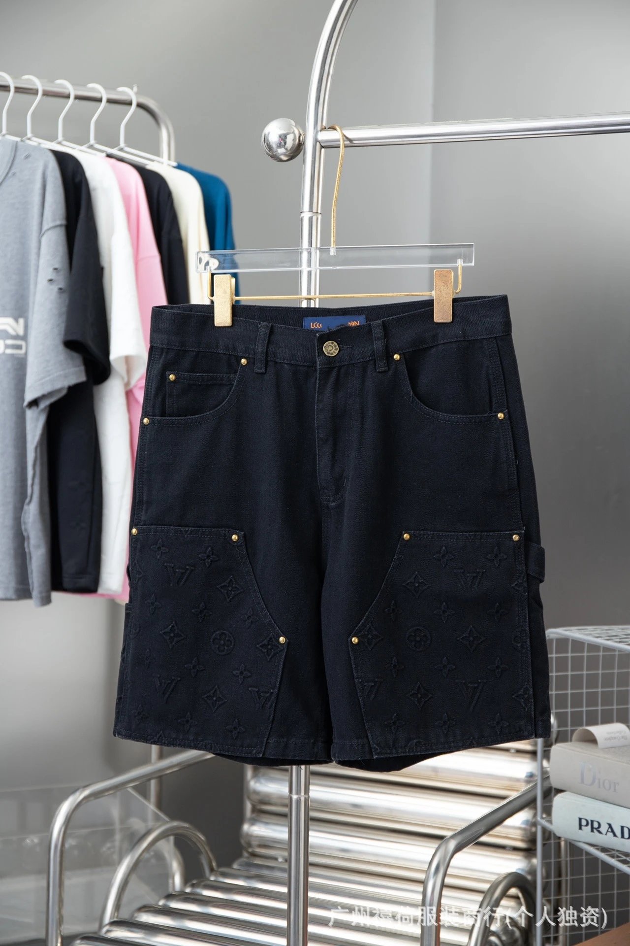 Louis Vuitton Matching Sets Denim set with embossed monogram panels — Black shorts