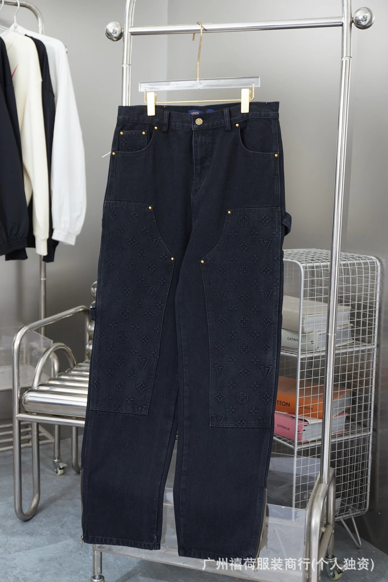 Louis Vuitton Matching Sets Denim set with embossed monogram panels — Black trousers