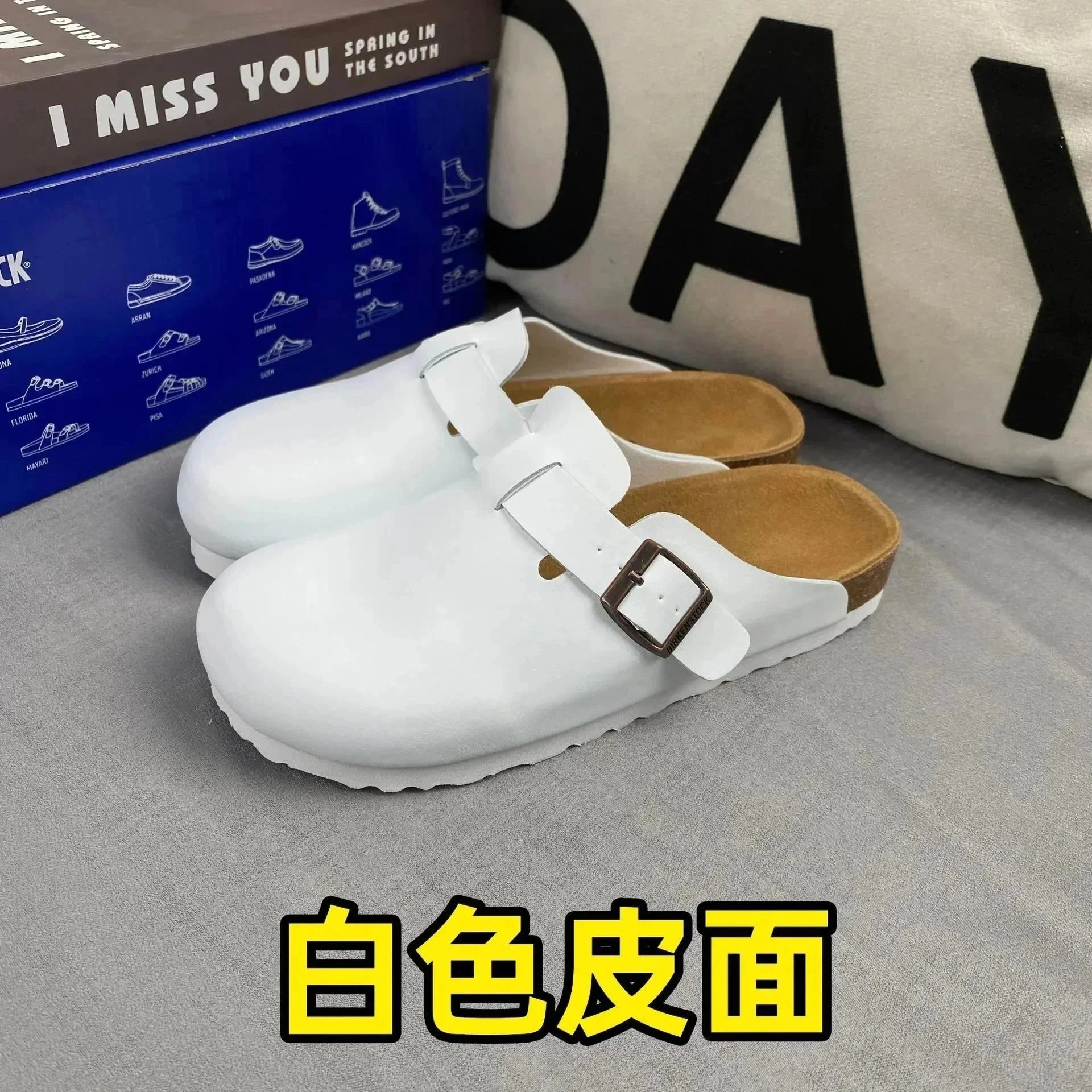 Birkenstock Slippers Boston suede buckle clogs — White leather slippers