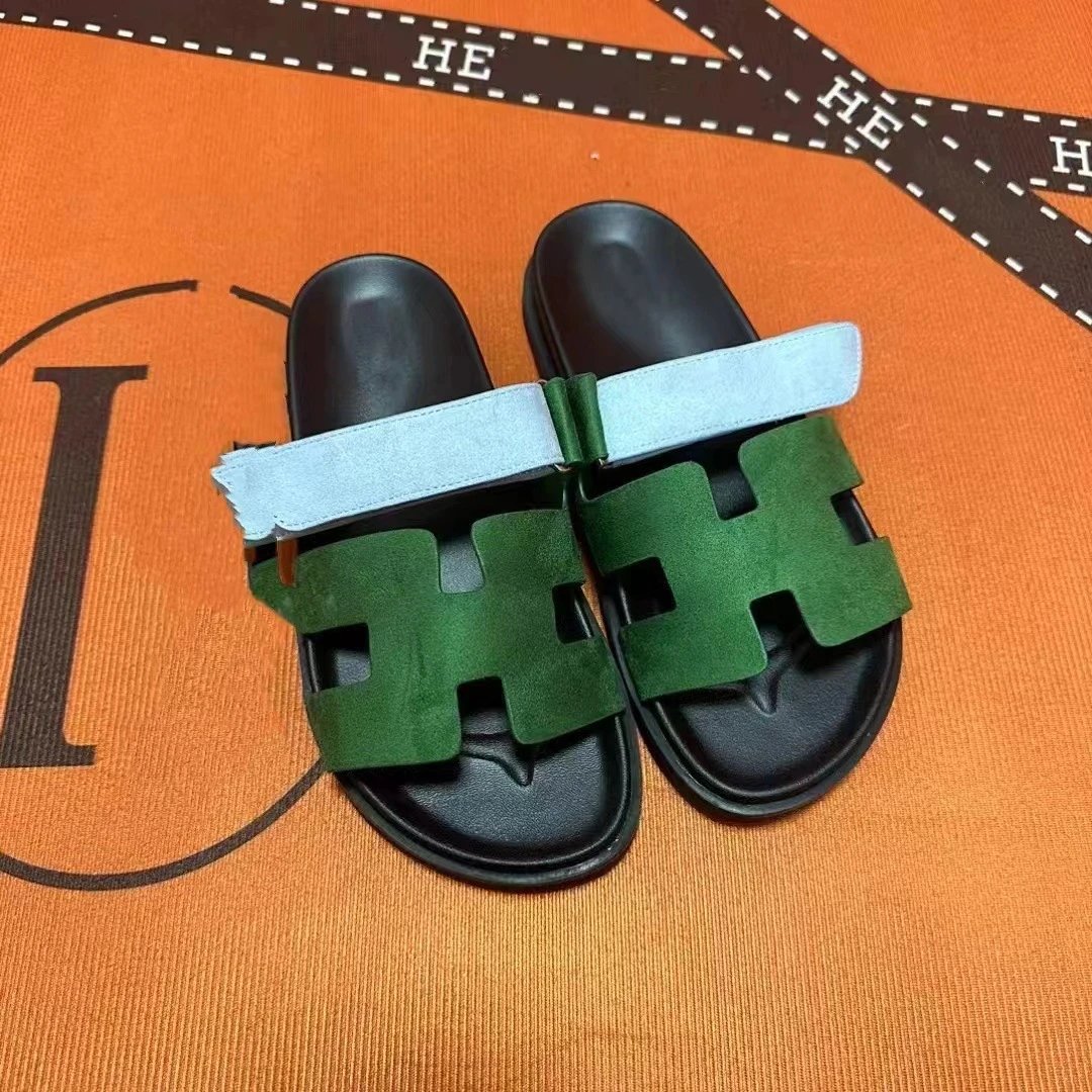 Hermès Oran Slide Sandals Green and Light Blue Suede Slippers - 23