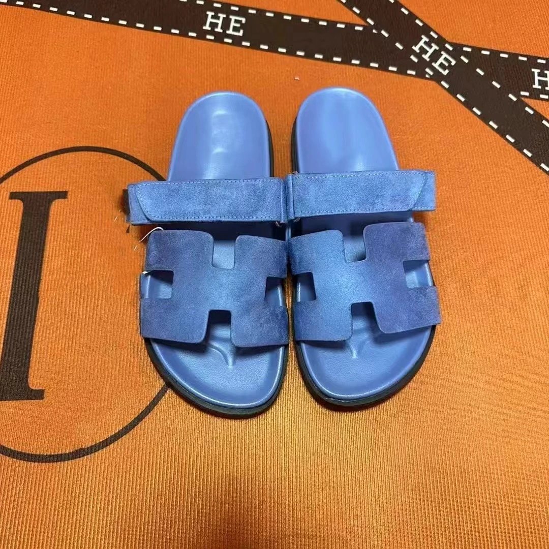 Hermès Oran Slide Sandals Green and Light Blue Suede Slippers - 26