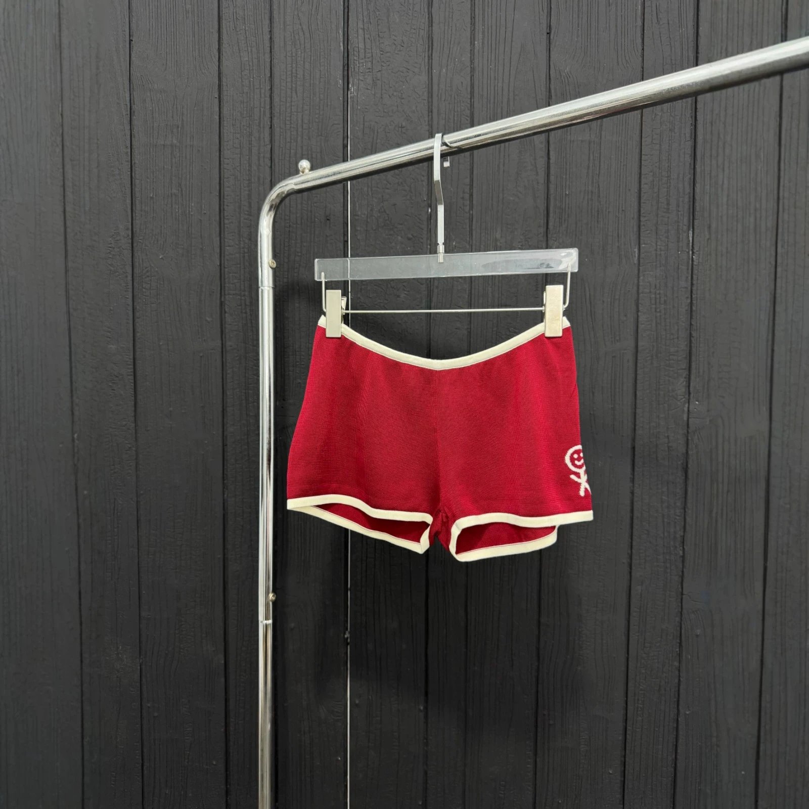 Red Knit Shorts With White Trim Sporty Style