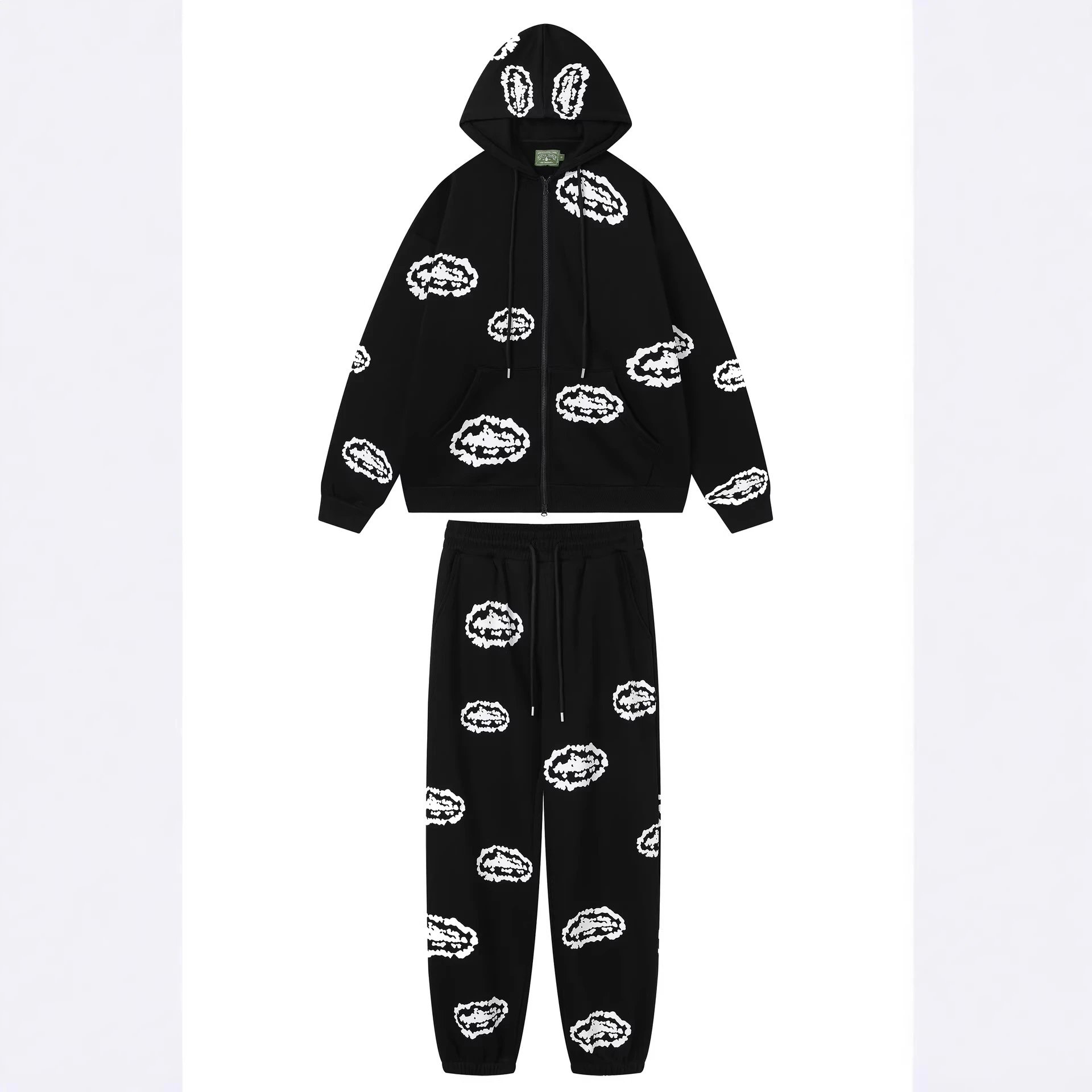 Black Printed Hoodie And Trousers Set Casual