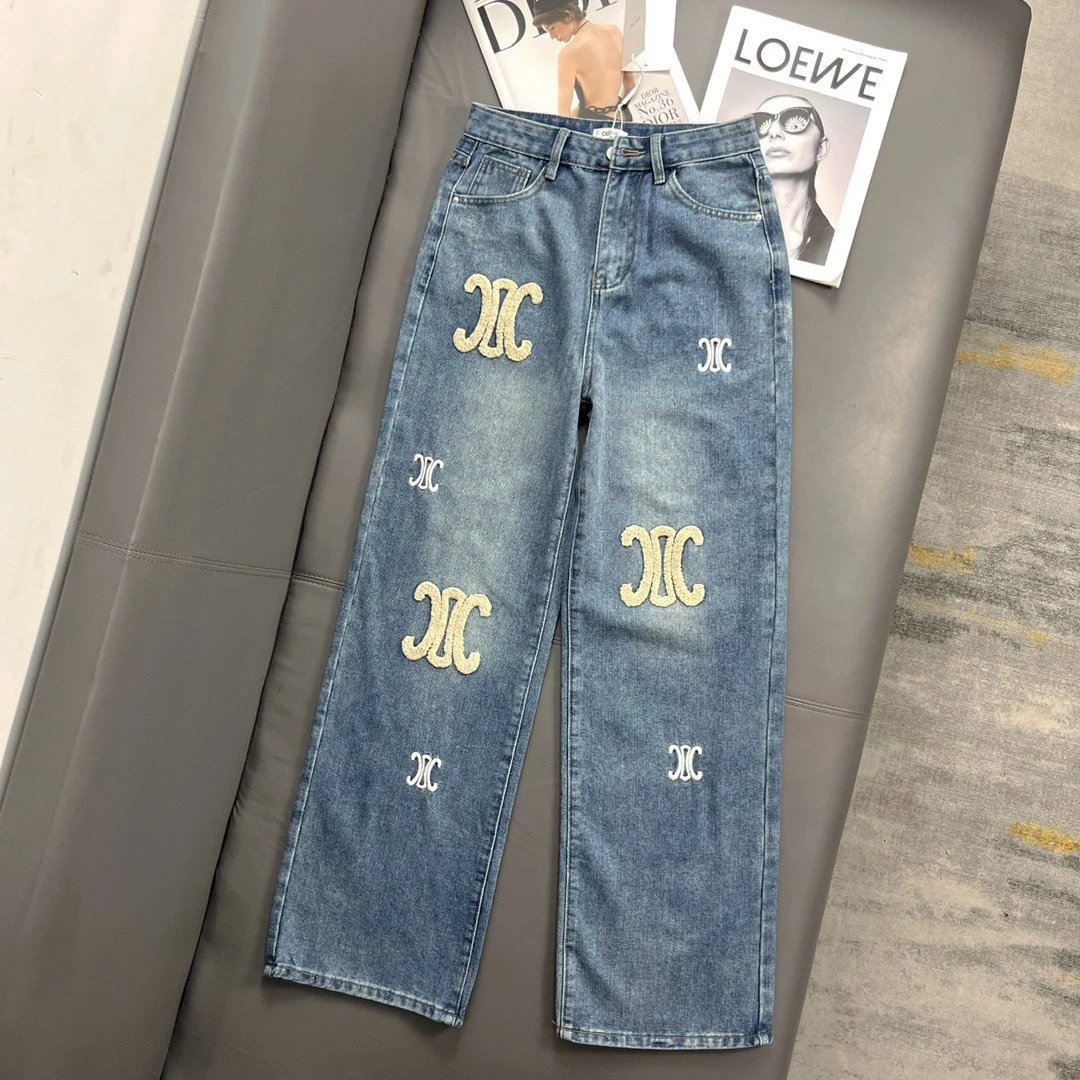 Denim Jeans Blue Embroidered Logo Trousers