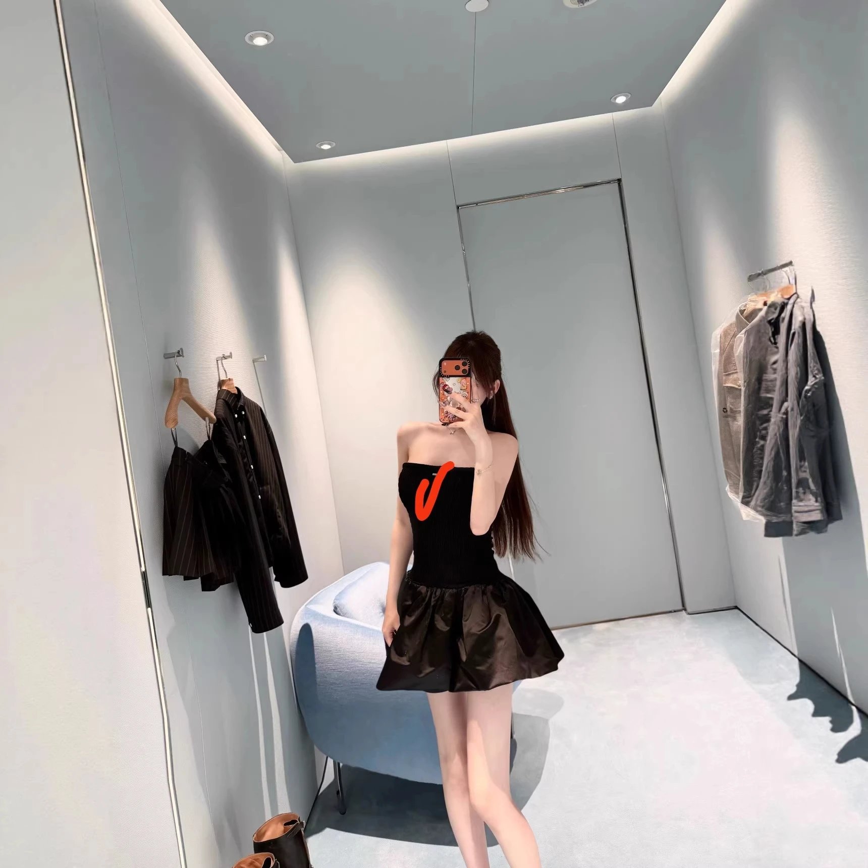 Black Strapless Dress With Orange Logo Elegant Mini Dress
