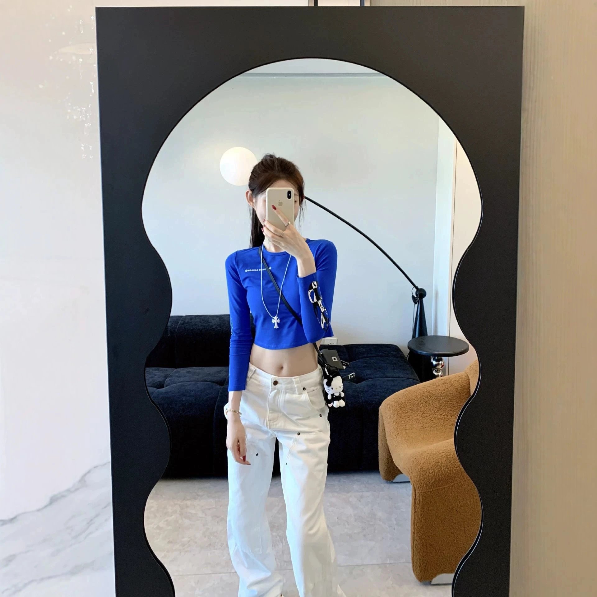 Blue Long Sleeve Crop Top White Wide Leg Jeans Casual Outfit